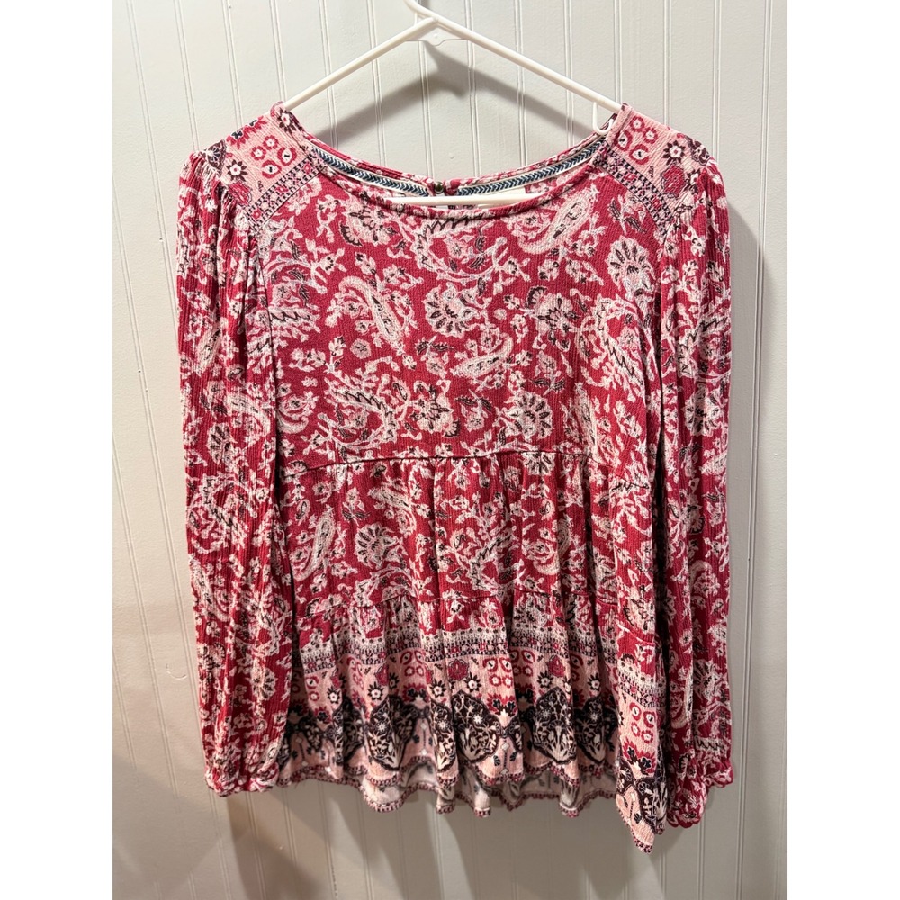 Knox Rose Red Paisley Boho Long Sleeve Tiered Babydoll Peasant Top Blouse Medium